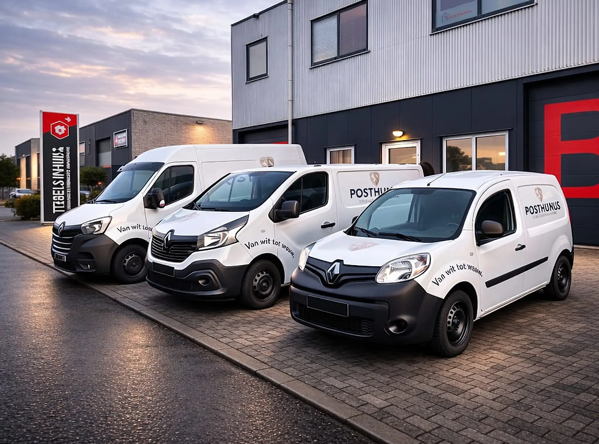 Drie bedrijfsbussen van Posthumus Schilderwerken naast elkaar voor het bedrijfspand, aan het eind van de dag