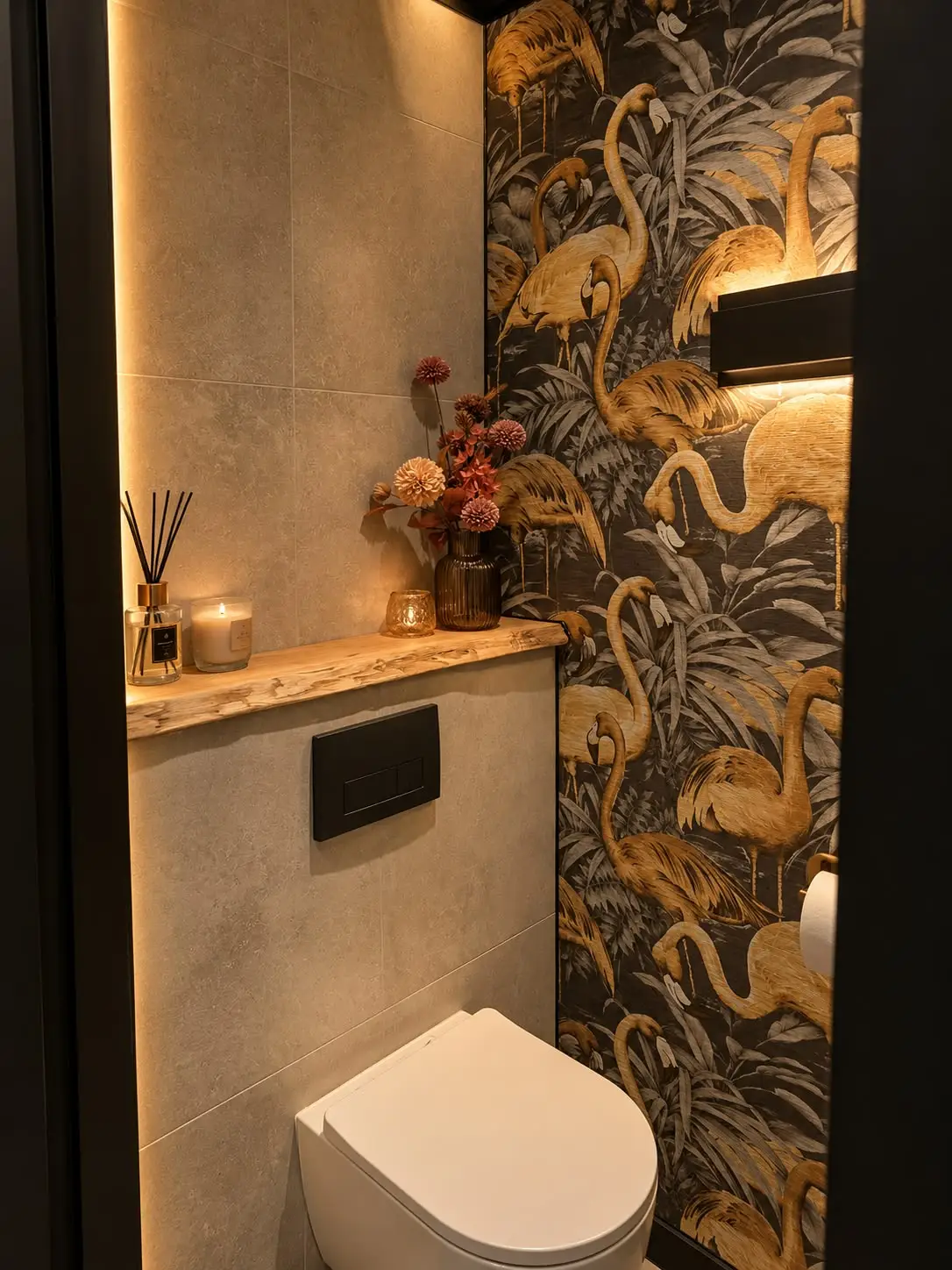 Toiletruimte met een wand vol donker behang met een flamingopatroon