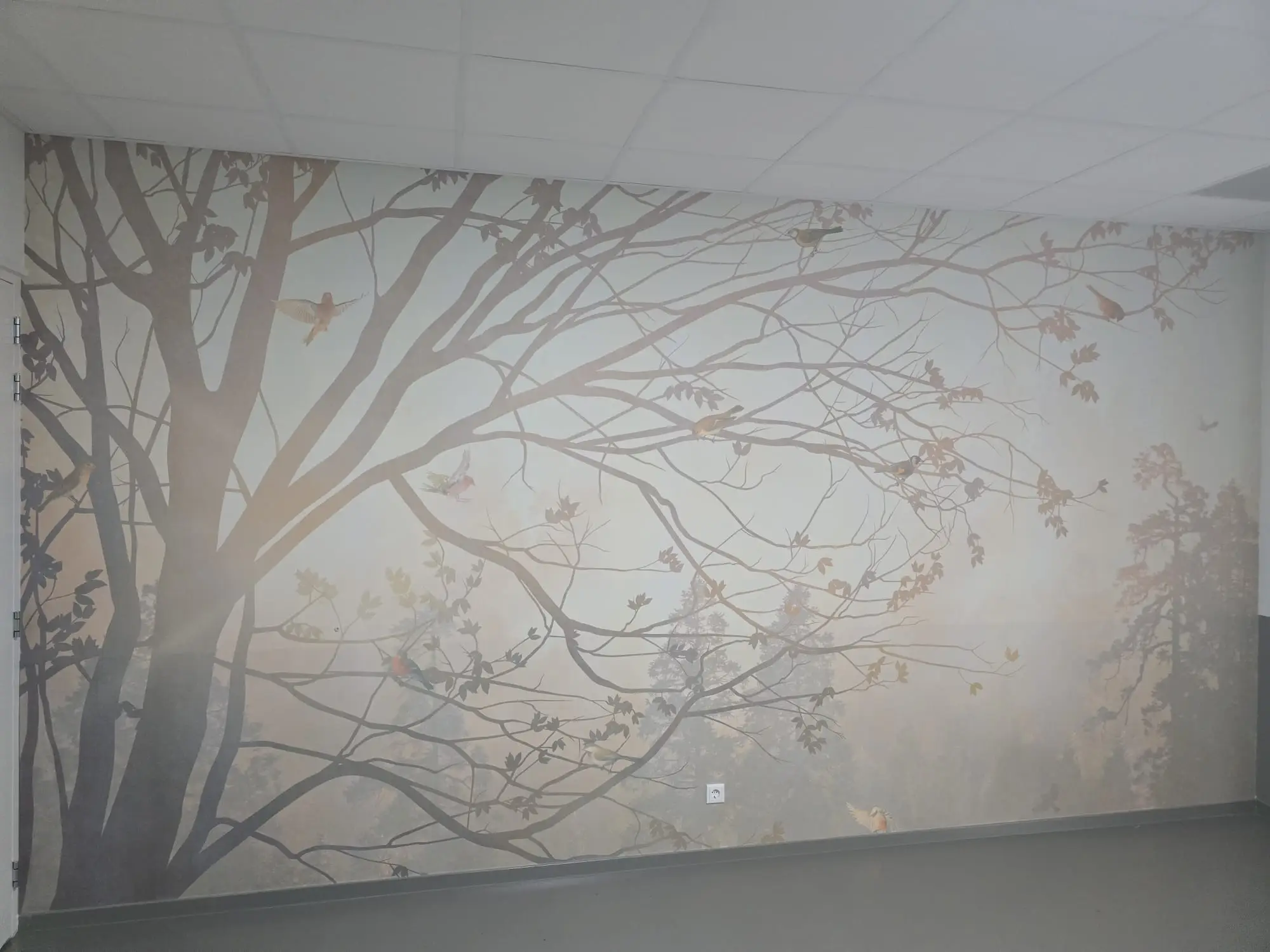 Kantoorwand met fotobehang van een boom met vogels in een mistig bos