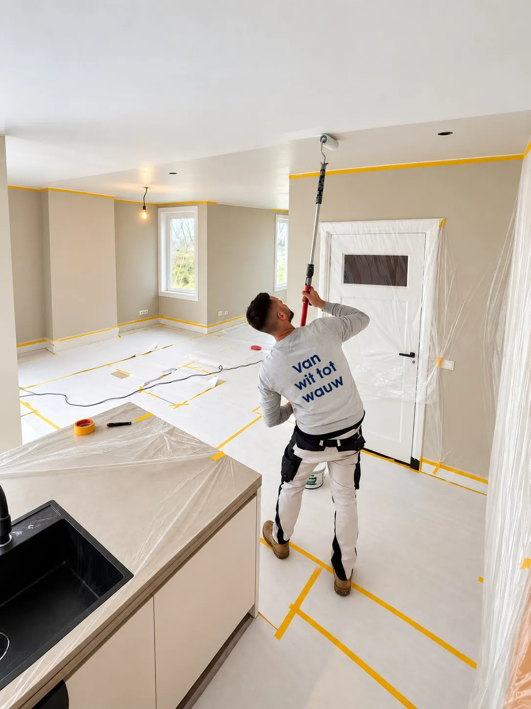 Schilder rolt het plafond van een afgeplakte en afgedekte woonkamer met open keuken