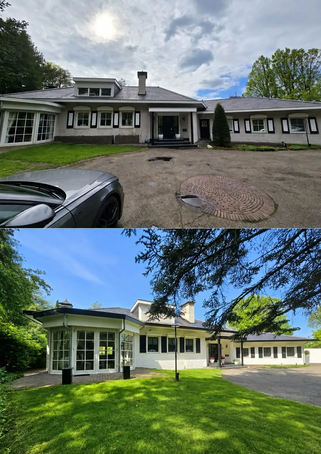 Vergelijking voor en na van een bungalow met een witgeschilderde gevel en zwarte kozijnen en luiken