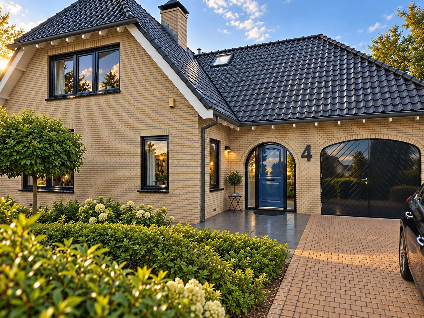 Woning in gele steen met antracietgrijze kozijnen en een blauwe voordeur in een gemetselde boog